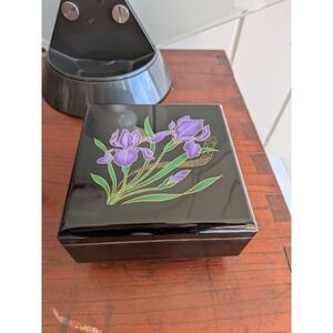Vintage Japanese Black Lacquer Music Box Jewelry Box — Iris Design — Made in...